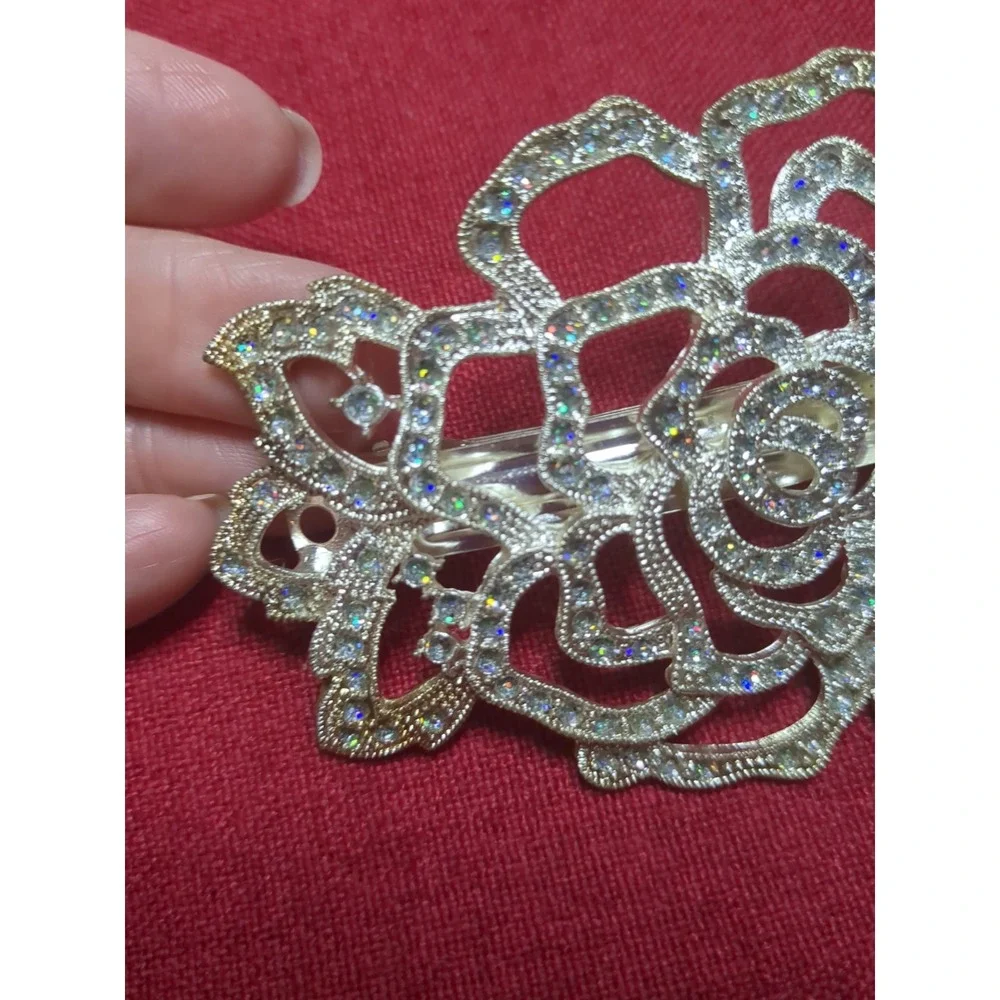 Vntg Style Large‎ Rhinestone Rose Flower Hair Barrette Clip Wedding Formal Prom - Picture 2 of 7
